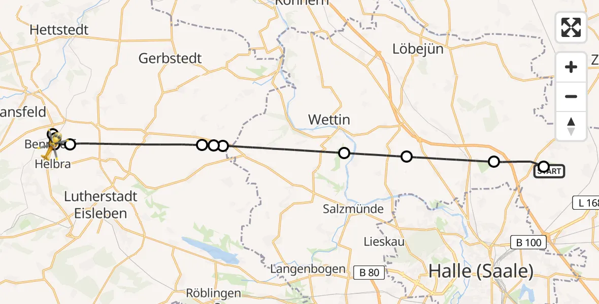 Flugroute Rettungshubschrauber Halle-Oppin Flugplatz - Benndorf, 24 Mai 2026, 06:43
