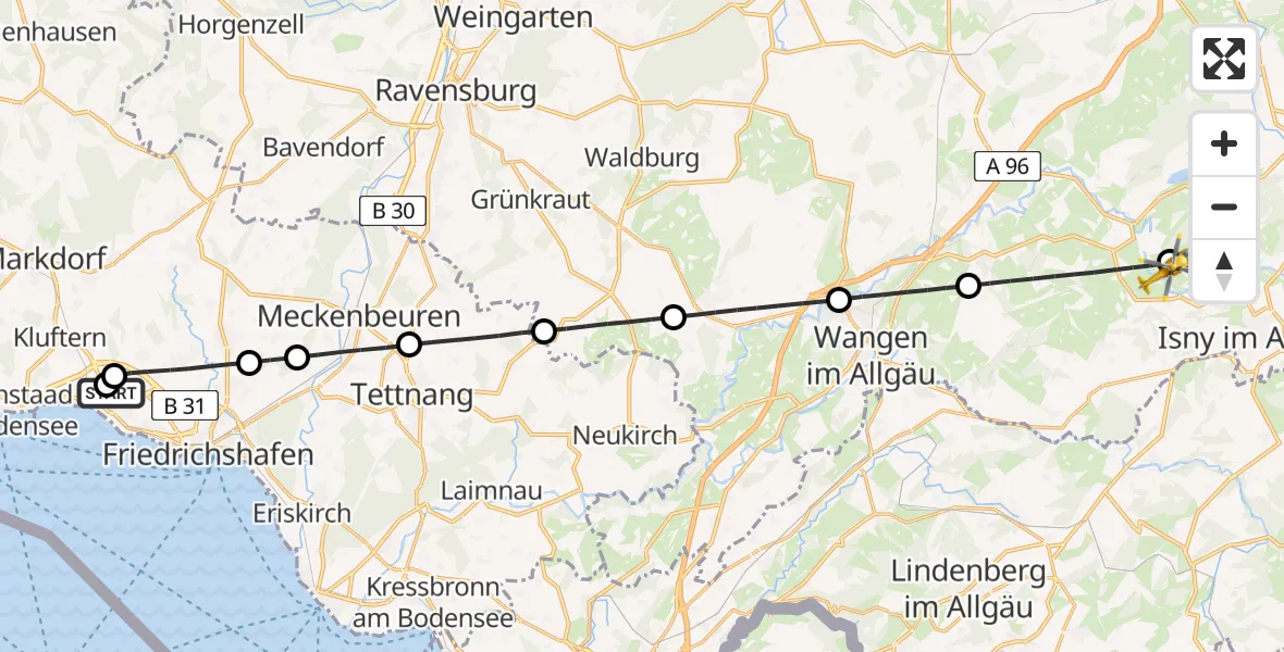 Flugroute Rettungshubschrauber Friedrichshafen Hospital - Isny im Allgäu, 24 Mai 2026, 06:44