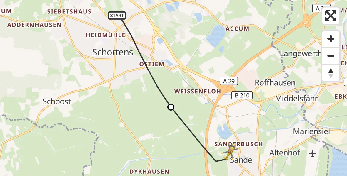 Flugroute Rettungshubschrauber Schortens - Sande, 24 Mai 2026, 06:52