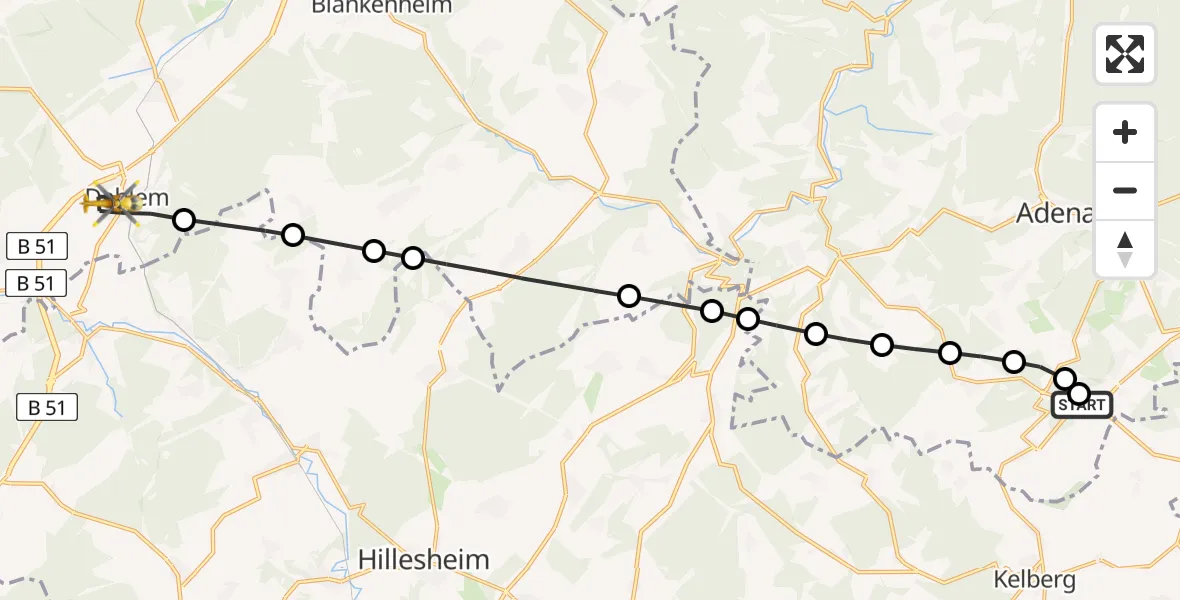 Flugroute Ambulanzhubschrauber Nürburgring Hubschrauberlandeplatz - Dahlem, 24 Mai 2026, 06:54