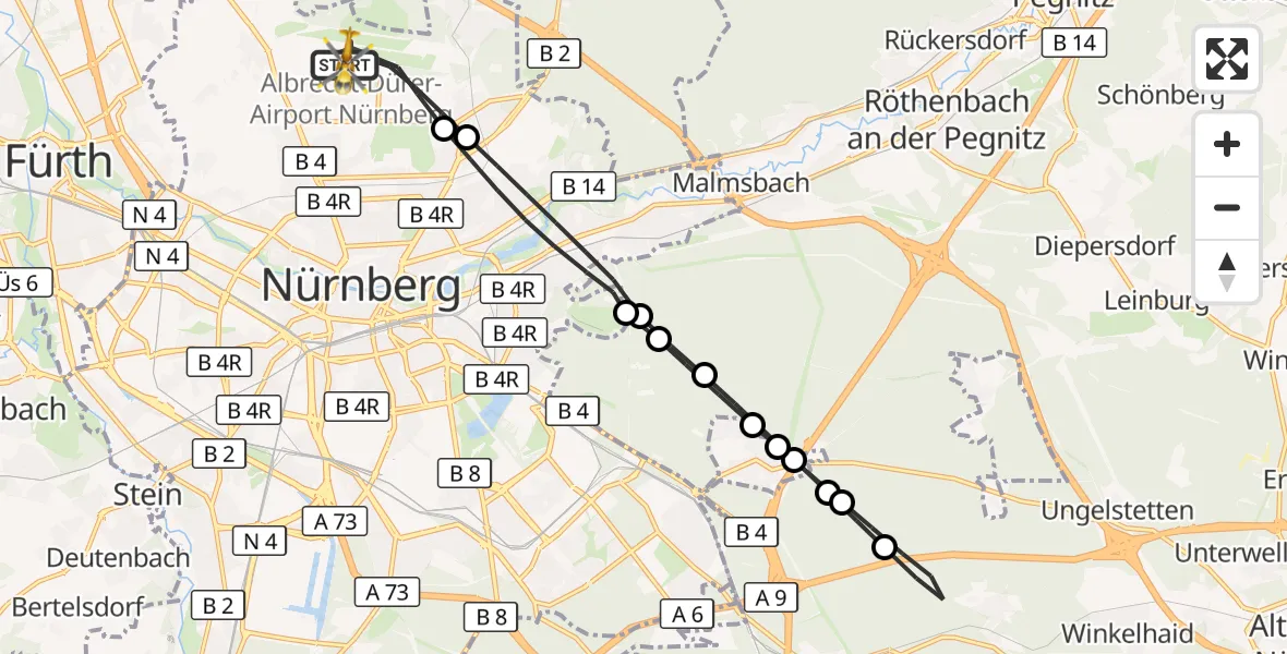 Flugroute Ambulanzhubschrauber Flughafen Nuremberg - Flughafen Nuremberg, 24 Mai 2026, 06:59