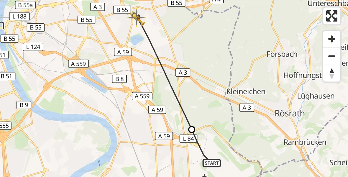 Flugroute Rettungshubschrauber Köln Bonn Flughafen - Köln, 24 Mai 2026, 06:59