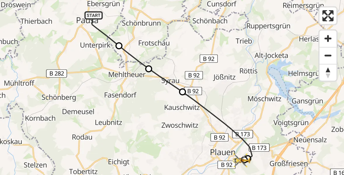 Flugroute Rettungshubschrauber Pausa-Mühltroff - Helios Clinic Plauen, 24 Mai 2026, 07:07