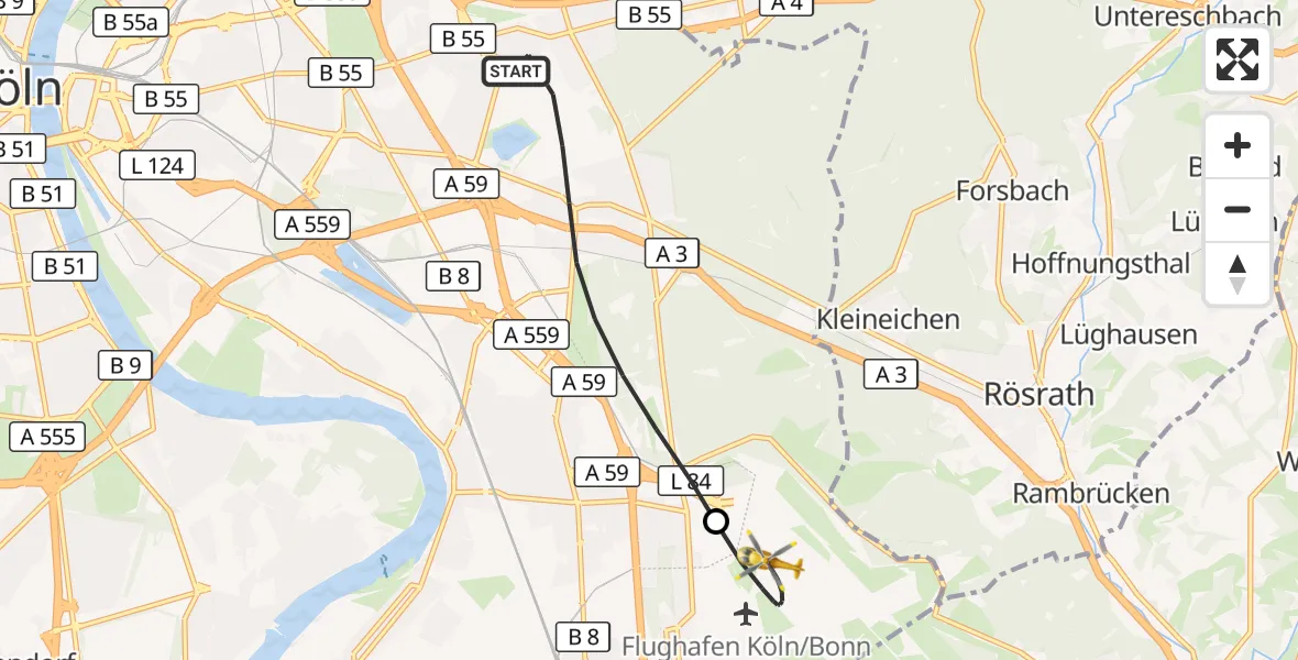 Flugroute Rettungshubschrauber Köln - Köln Bonn Flughafen, 24 Mai 2026, 07:10
