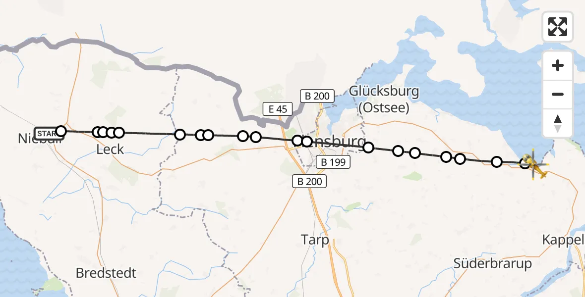 Flugroute Rettungshubschrauber Niebüll - Niesgrau, 24 Mai 2026, 07:17