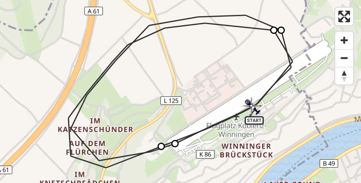 Flugroute Polizeihubschrauber Koblenz-Winningen Flugplatz - Koblenz-Winningen Flugplatz, 24 Mai 2026, 07:20