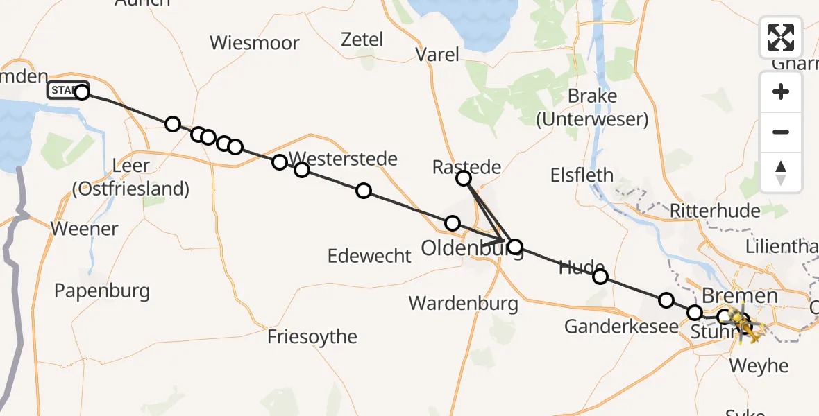 Flugroute Rettungshubschrauber Ihlow - ADAC Air Rescue Station Bremen Hubschrauberlandeplatz (Christoph 6), 24 Mai 2026, 07:25