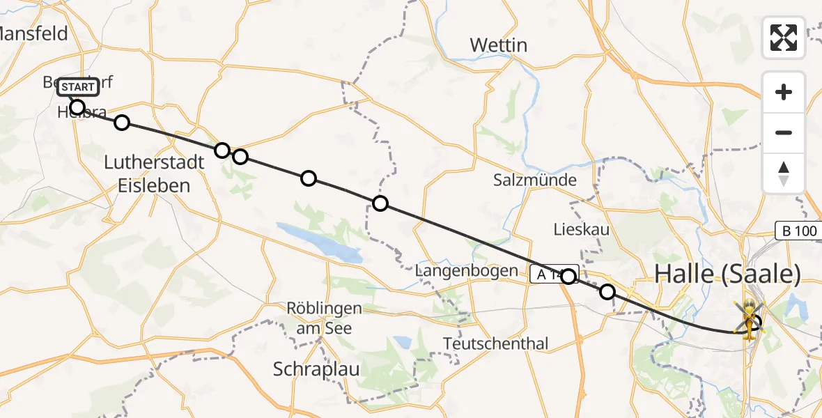 Flugroute Rettungshubschrauber Benndorf - BG Hospital Bergmannstrost Halle, 24 Mai 2026, 07:33