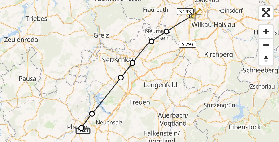 Flugroute Rettungshubschrauber Helios Clinic Plauen - Zwickau, 24 Mai 2026, 07:36