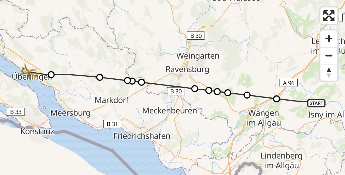 Flugroute Rettungshubschrauber Argenbühl - Überlingen, 24 Mai 2026, 07:37