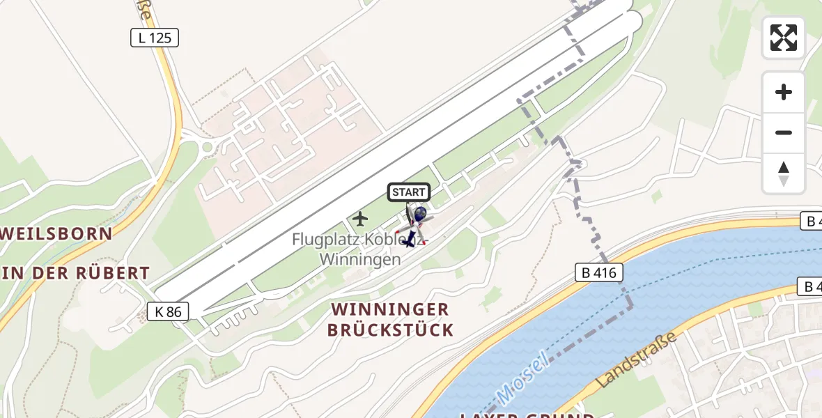 Flugroute Polizeihubschrauber Koblenz-Winningen Flugplatz - Koblenz-Winningen Flugplatz, 24 Mai 2026, 07:41