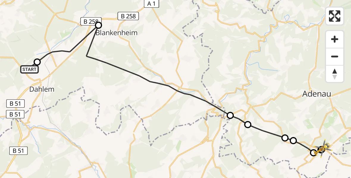 Flugroute Ambulanzhubschrauber Dahlemer Binz Flugplatz - Nürburgring Hubschrauberlandeplatz, 24 Mai 2026, 07:46