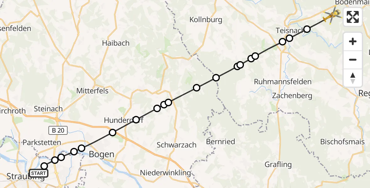 Flugroute Rettungshubschrauber Sankt Elisabeth Hospital Straubing - Böbrach, 24 Mai 2026, 07:47