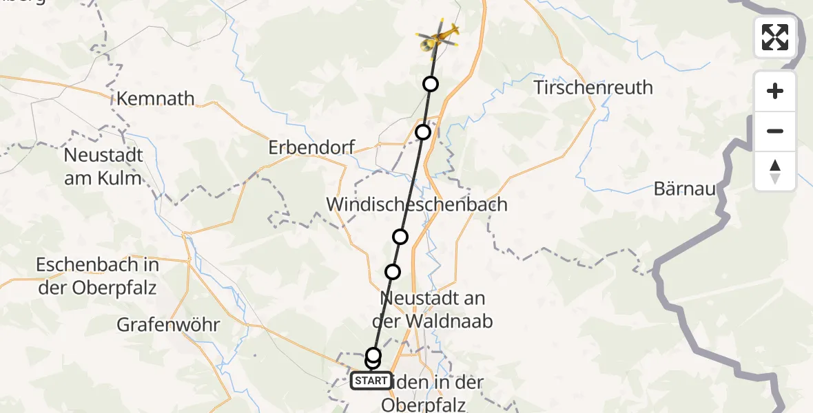 Flugroute Rettungshubschrauber Weiden i.d.OPf. - Wiesau, 24 Mai 2026, 07:49