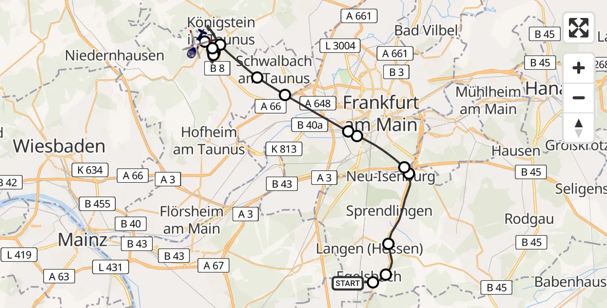 Flugroute Polizeihubschrauber Flughafen Frankfurt-Egelsbach - Kelkheim (Taunus), 24 Mai 2026, 07:52