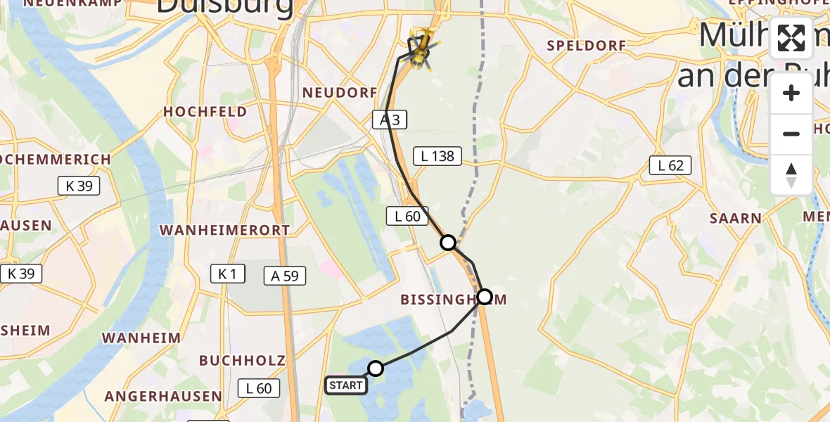 Flugroute Rettungshubschrauber Duisburg Air Rescue Hubschrauberlandeplatz (Christoph 9) - Duisburg, 24 Mai 2026, 07:57