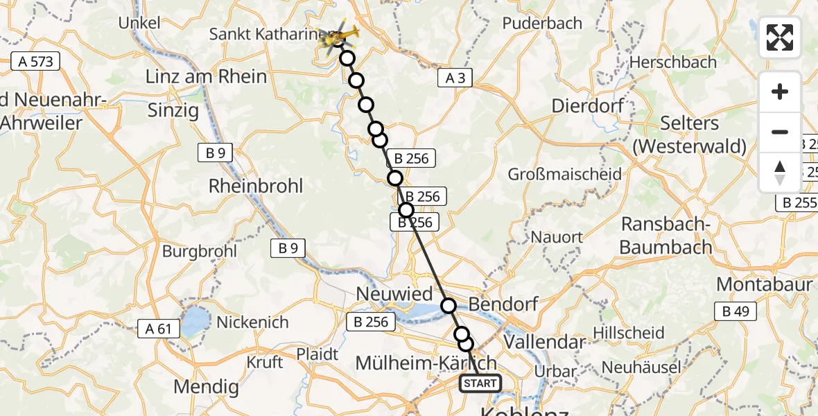 Flugroute Rettungshubschrauber Koblenz - Neustadt (Wied), 24 Mai 2026, 07:59