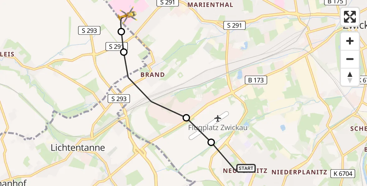 Flugroute Rettungshubschrauber Zwickau - ADAC Air Rescue Station Zwickau Hubschrauberlandeplatz, 24 Mai 2026, 08:06