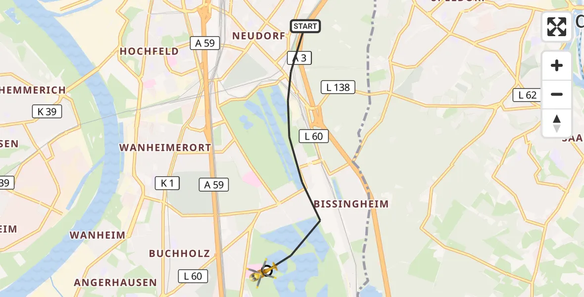 Flugroute Rettungshubschrauber Duisburg - Duisburg Air Rescue Hubschrauberlandeplatz (Christoph 9), 24 Mai 2026, 08:08