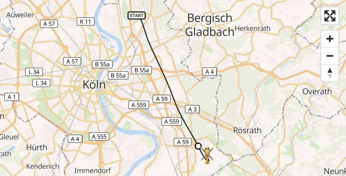 Flugroute Rettungshubschrauber Köln - Köln Bonn Flughafen, 24 Mai 2026, 08:09