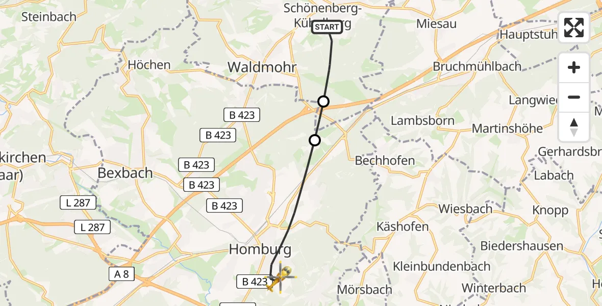 Flugroute Rettungshubschrauber Schönenberg-Kübelberg - Homburg, 24 Mai 2026, 08:18
