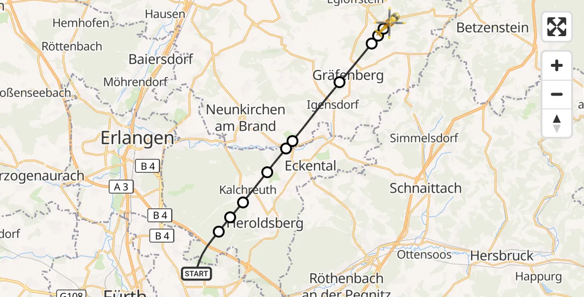 Flugroute Ambulanzhubschrauber Flughafen Nuremberg - Obertrubach, 24 Mai 2026, 08:25