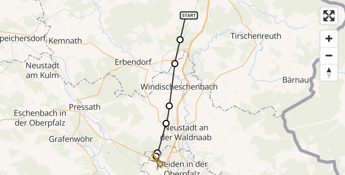 Flugroute Rettungshubschrauber Wiesau - Weiden i.d.OPf., 24 Mai 2026, 08:25