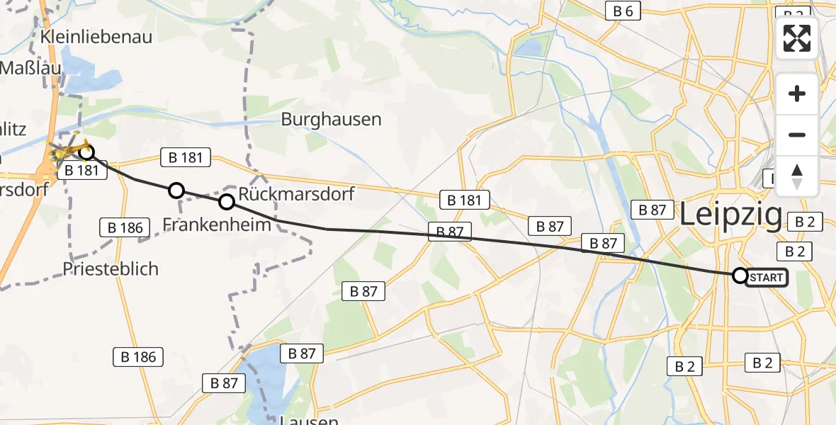 Flugroute Rettungshubschrauber Leipzig University Hospital Heliport 1 - ADAC Air Rescue Station Leipzig/Schkeuditz-Dölzig Hubschrauberlandeplatz (Christoph 61), 24 Mai 2026, 08:31
