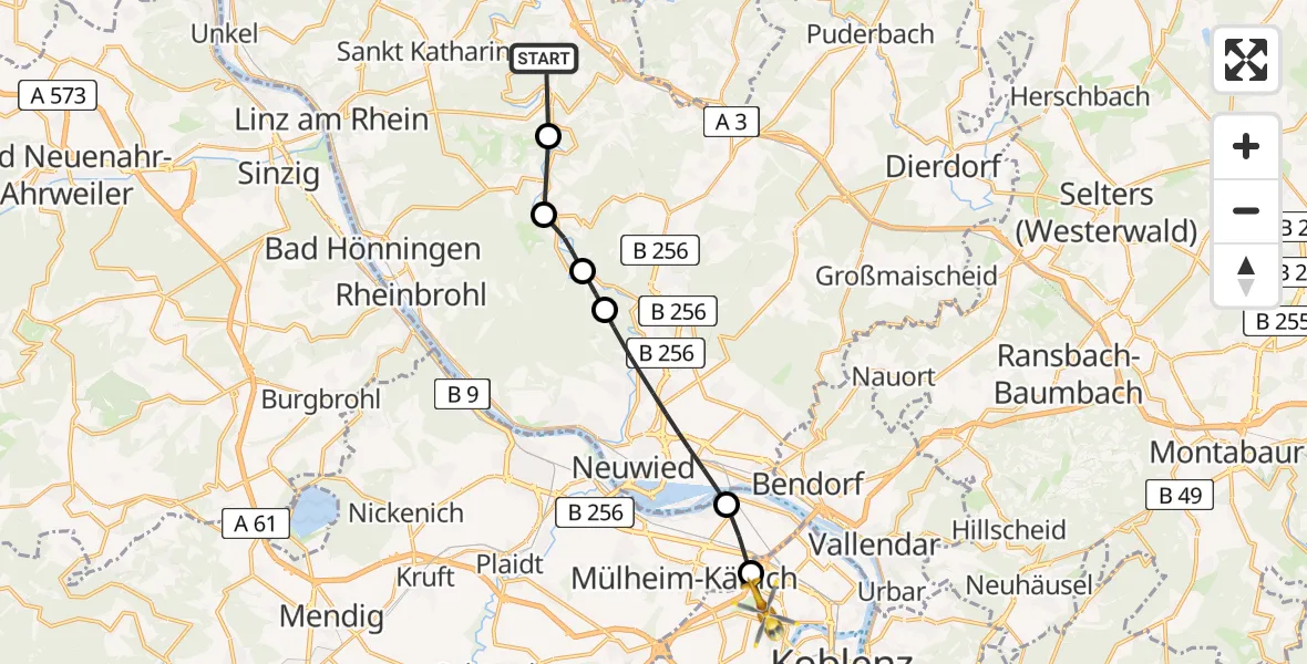 Flugroute Rettungshubschrauber Neustadt (Wied) - Koblenz, 24 Mai 2026, 08:38