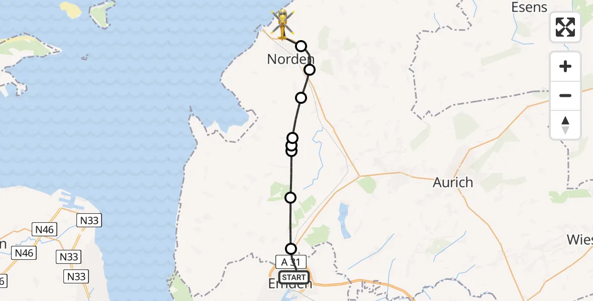 Flugroute Ambulanzhubschrauber Emden - Norden, 24 Mai 2026, 08:47