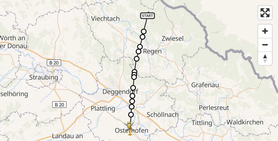 Flugroute Rettungshubschrauber Bodenmais - Osterhofen, 24 Mai 2026, 08:51