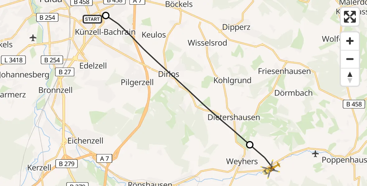 Flugroute Rettungshubschrauber Fulda Hospital - Ebersburg, 24 Mai 2026, 08:55