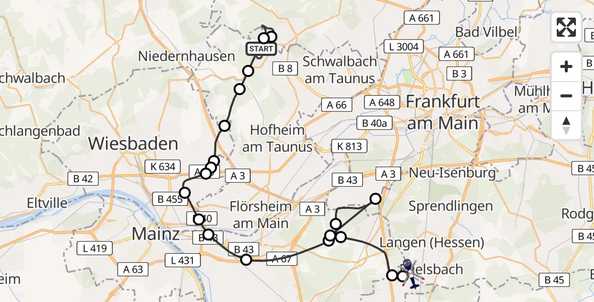 Flugroute Polizeihubschrauber Kelkheim (Taunus) - Flughafen Frankfurt-Egelsbach, 24 Mai 2026, 08:59