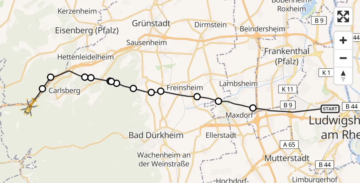 Flugroute Rettungshubschrauber Ludwigshafen am Rhein - Wattenheim, 24 Mai 2026, 09:11