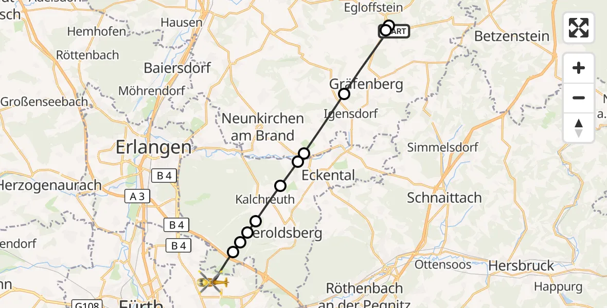 Flugroute Ambulanzhubschrauber Obertrubach - Flughafen Nuremberg, 24 Mai 2026, 09:13