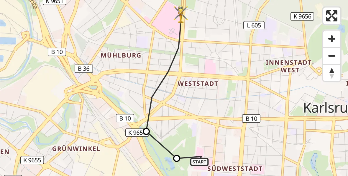 Flugroute Rettungshubschrauber Sankt Vincentius Hospital - Karlsruhe, 24 Mai 2026, 09:18