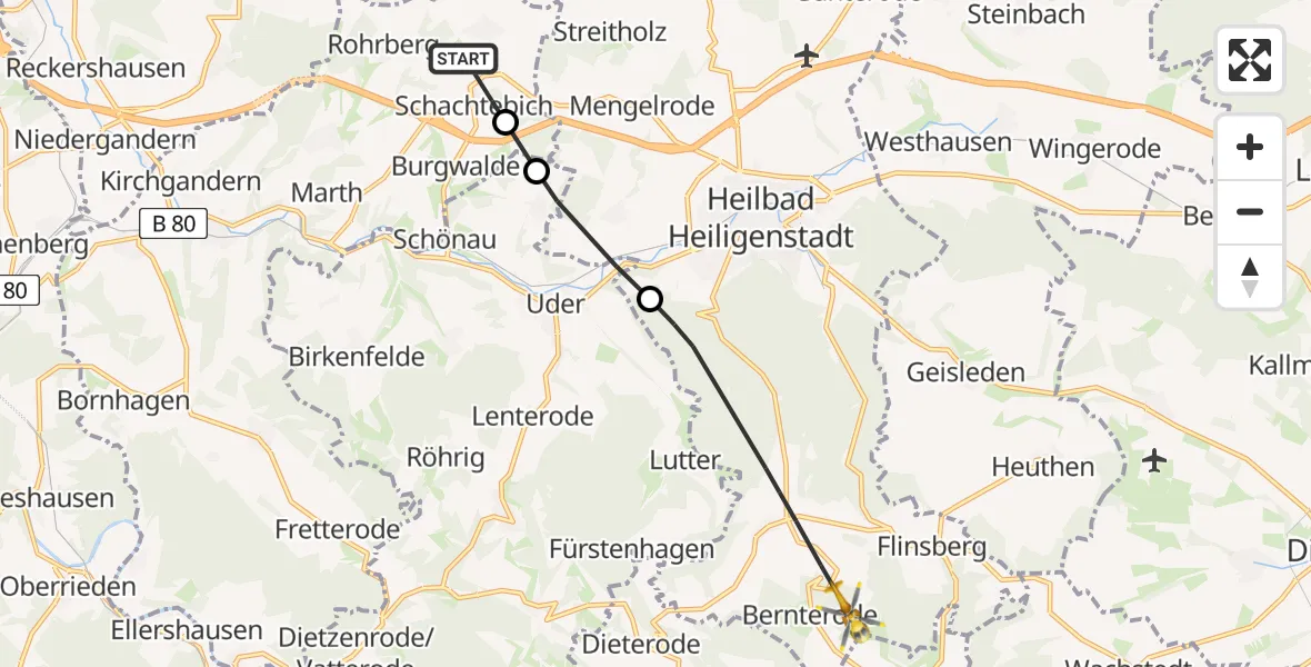 Flugroute Rettungshubschrauber Schachtebich - Heilbad Heiligenstadt, 24 Mai 2026, 09:32