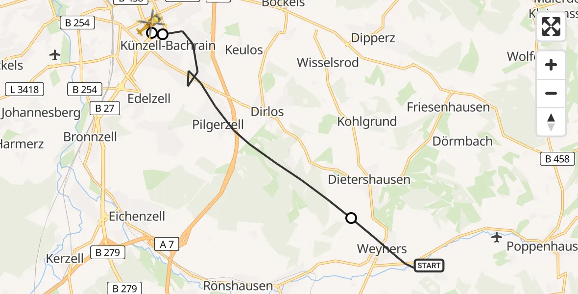 Flugroute Rettungshubschrauber Ebersburg - Fulda Hospital, 24 Mai 2026, 09:33