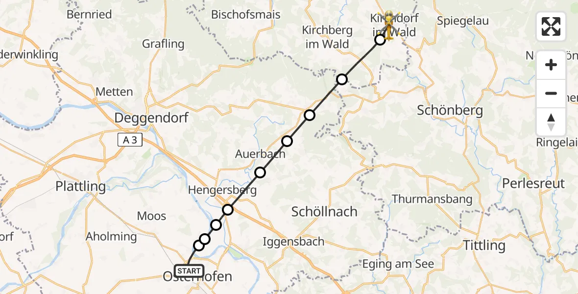 Flugroute Rettungshubschrauber Osterhofen - Kirchdorf i.Wald, 24 Mai 2026, 09:34