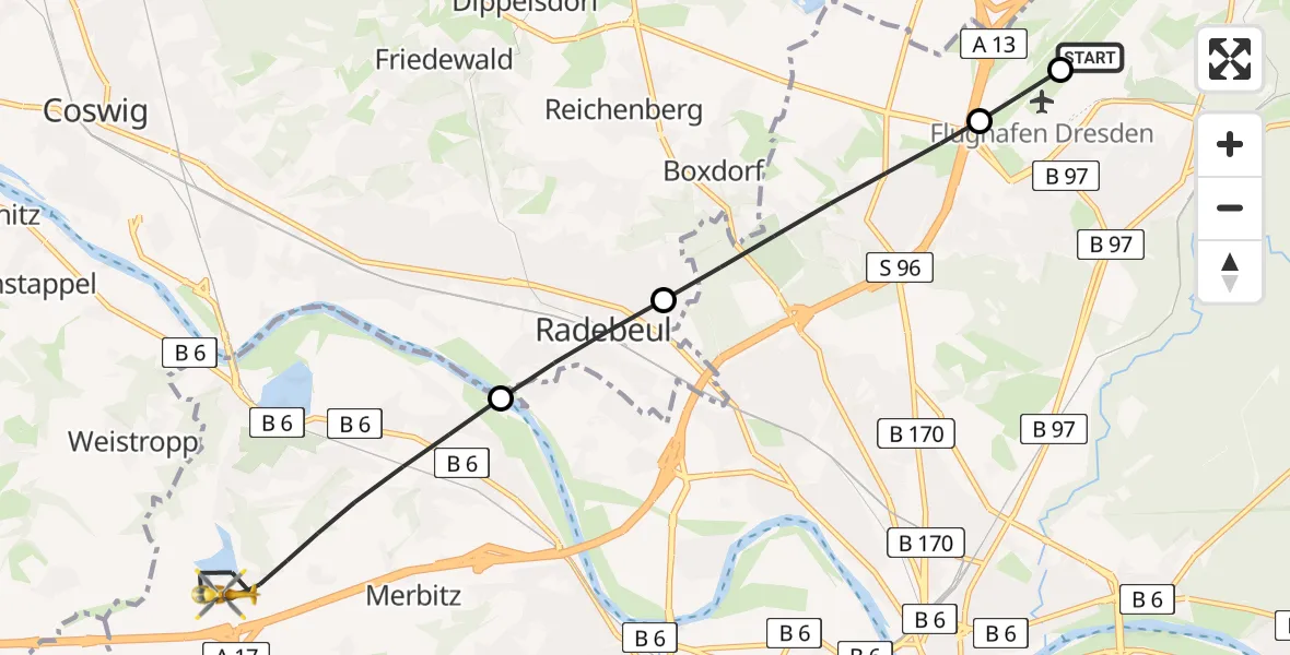 Flugroute Rettungshubschrauber Dresden Bundespolizei Hubschrauberlandeplatz - Dresden, 24 Mai 2026, 09:36