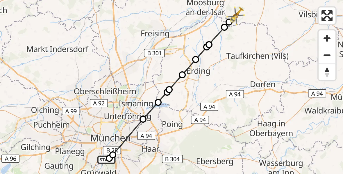 Flugroute Rettungshubschrauber ADAC Air Rescue Center Hubschrauberlandeplatz (Christoph 1) - Buch a.Erlbach, 24 Mai 2026, 09:36