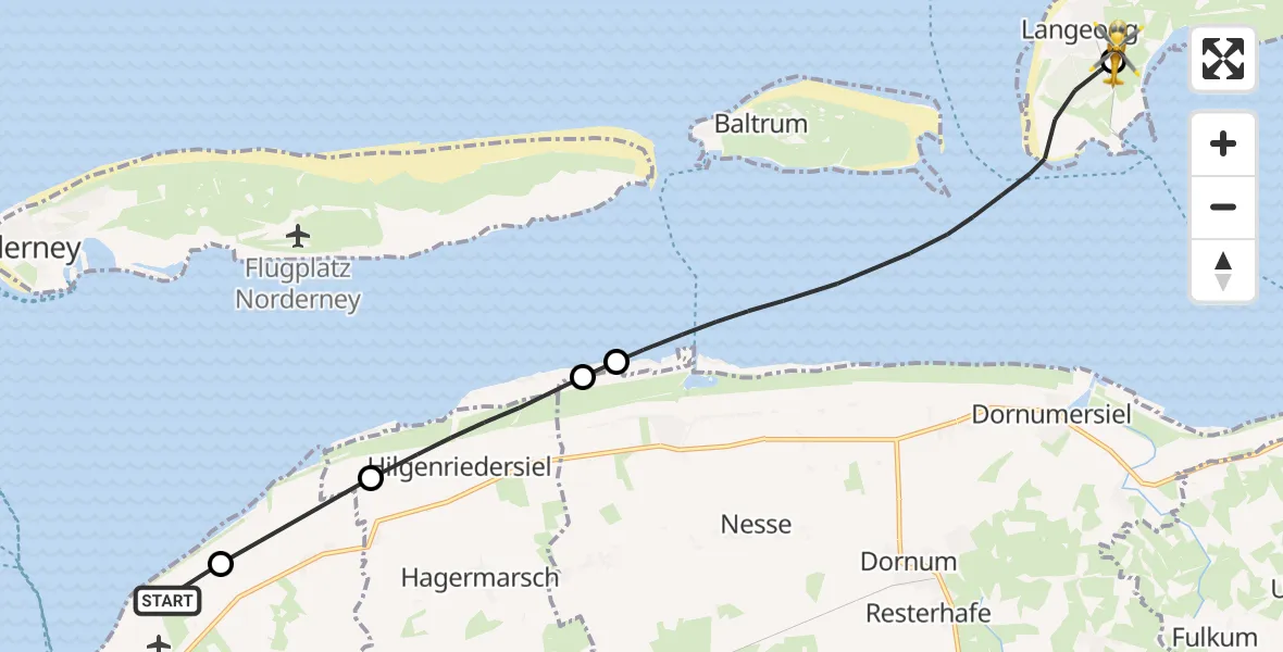 Flugroute Ambulanzhubschrauber Noordzee - Langeoog Flughafen, 24 Mai 2026, 09:36