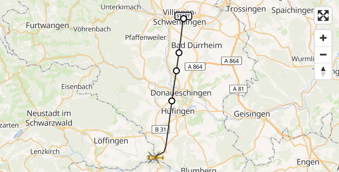 Flugroute Ambulanzhubschrauber DRF Air Rescue Station Villingen-Schwenningen Hubschrauberlandeplatz (Christoph 11) - Hüfingen, 24 Mai 2026, 09:41