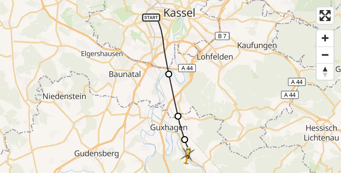 Flugroute Rettungshubschrauber Kassel - Körle, 24 Mai 2026, 09:48