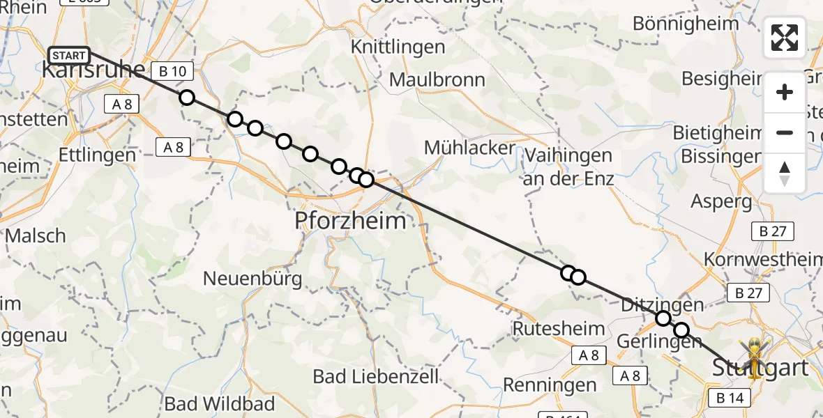 Flugroute Rettungshubschrauber Karlsruhe - Stuttgart, 24 Mai 2026, 09:50