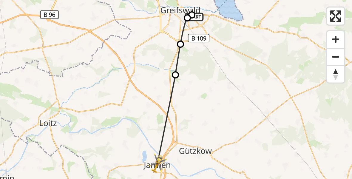 Flugroute Rettungshubschrauber Greifswald Hospital - Jarmen, 24 Mai 2026, 09:56