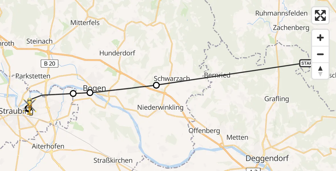 Flugroute Rettungshubschrauber Grafling - Sankt Elisabeth Hospital Straubing, 24 Mai 2026, 10:01