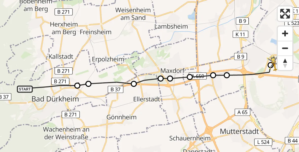 Flugroute Rettungshubschrauber Bad Dürkheim - Ludwigshafen Accident Hospital, 24 Mai 2026, 10:05