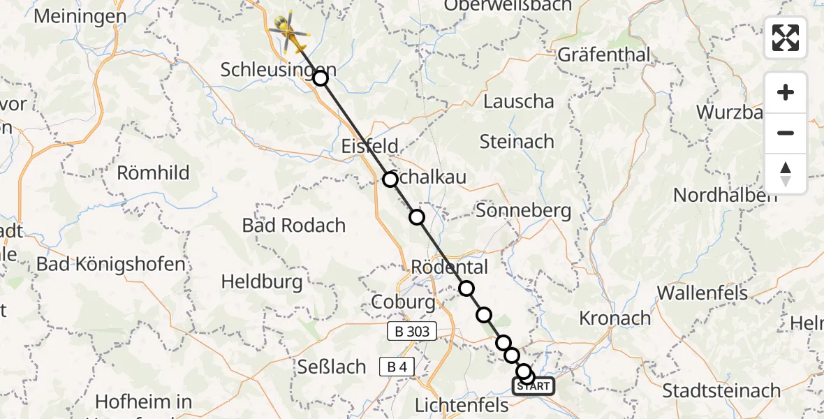 Flugroute Rettungshubschrauber Redwitz a.d.Rodach - Schleusingen, 24 Mai 2026, 10:07