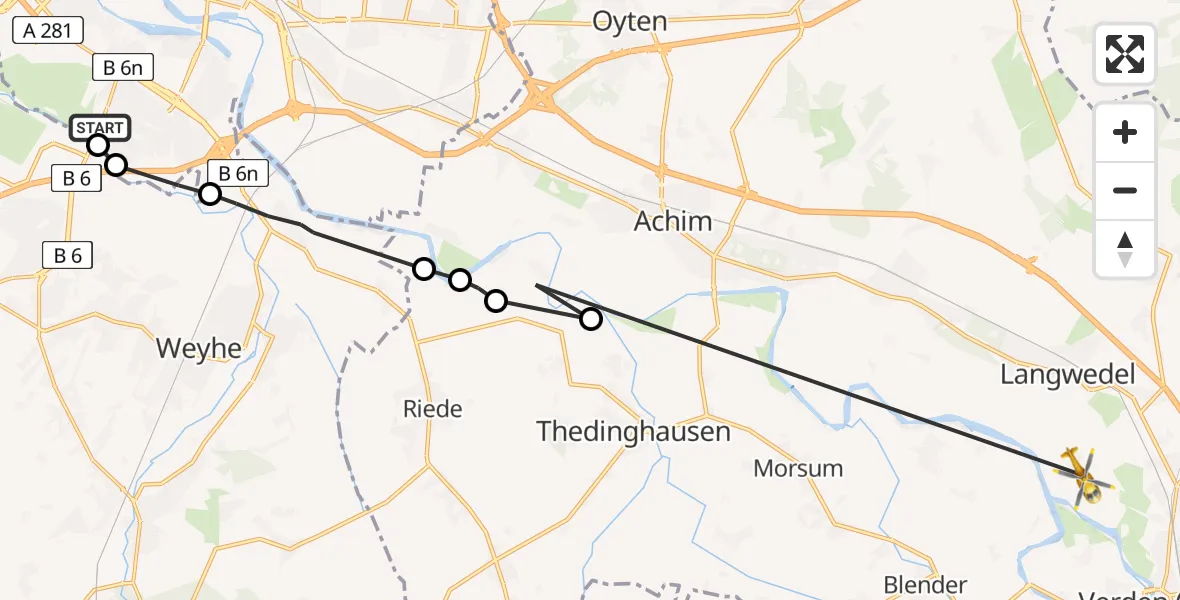 Flugroute Rettungshubschrauber ADAC Air Rescue Station Bremen Hubschrauberlandeplatz (Christoph 6) - Verden (Aller), 24 Mai 2026, 10:06